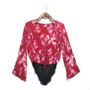 Free People Kimono Sleeve Floral and Lace Tie Front Bodysuit Deep V Red M